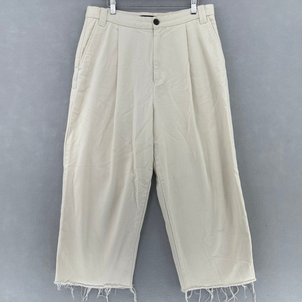 Zara Cream High Waisted Pleated Wide Leg Raw Hem Denim Pants SZ 32 US Fits 34x25